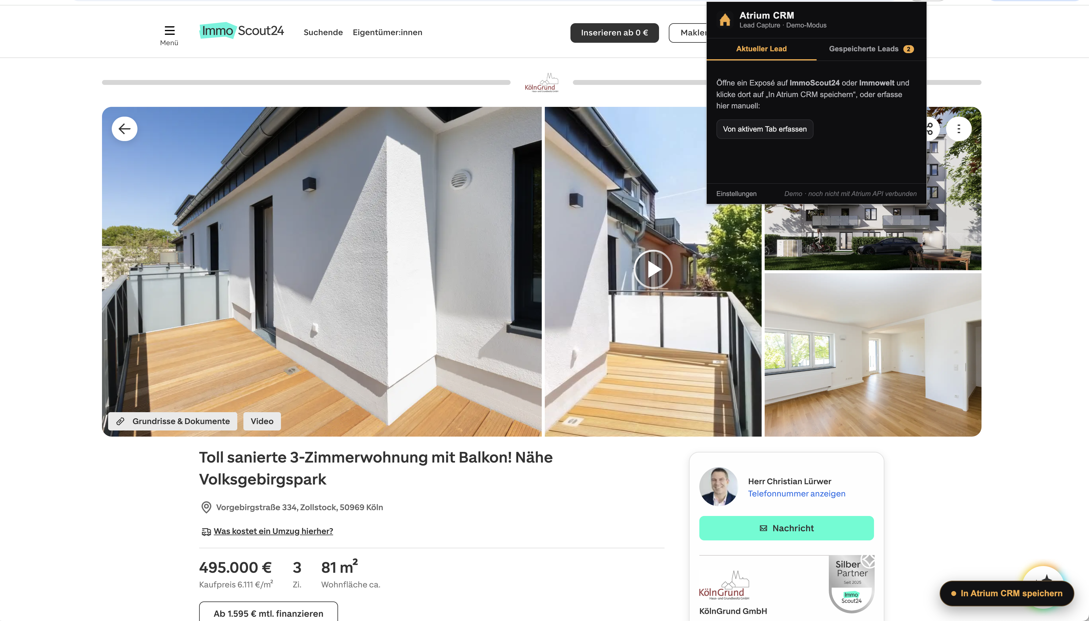 Atrium CRM Extension auf ImmoScout24 – Popup mit Lead-Daten